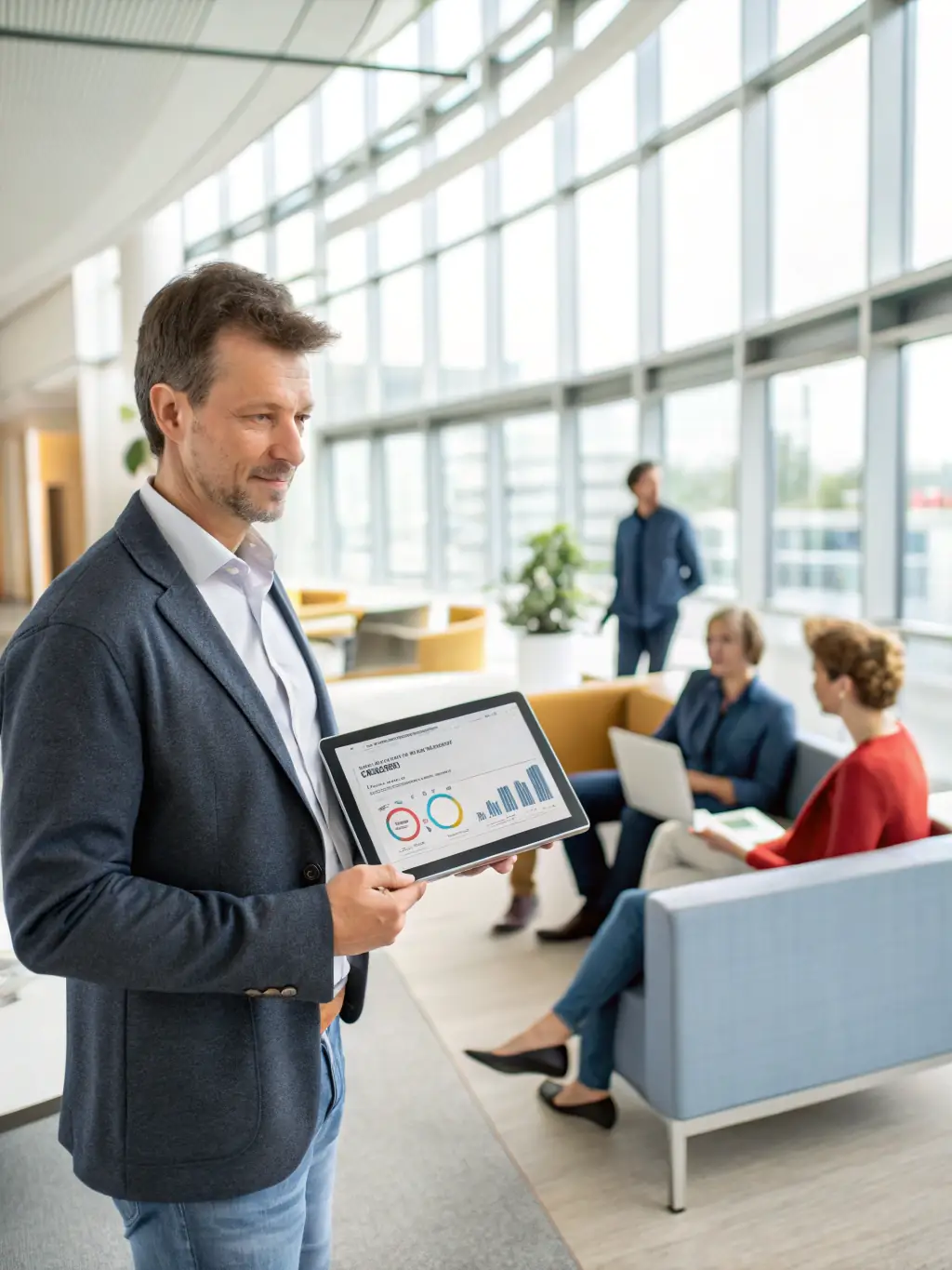 A professional in a modern office setting, confidently presenting a project plan on a digital tablet, showcasing career growth and leadership.