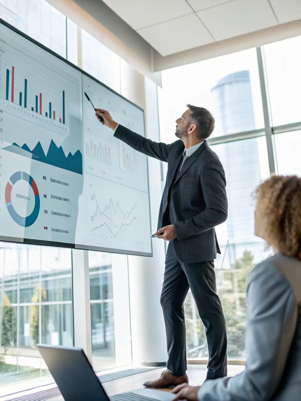 A professional in a modern office setting, confidently presenting a project plan on a digital whiteboard, showcasing strategic career growth after completing the 3A certification.