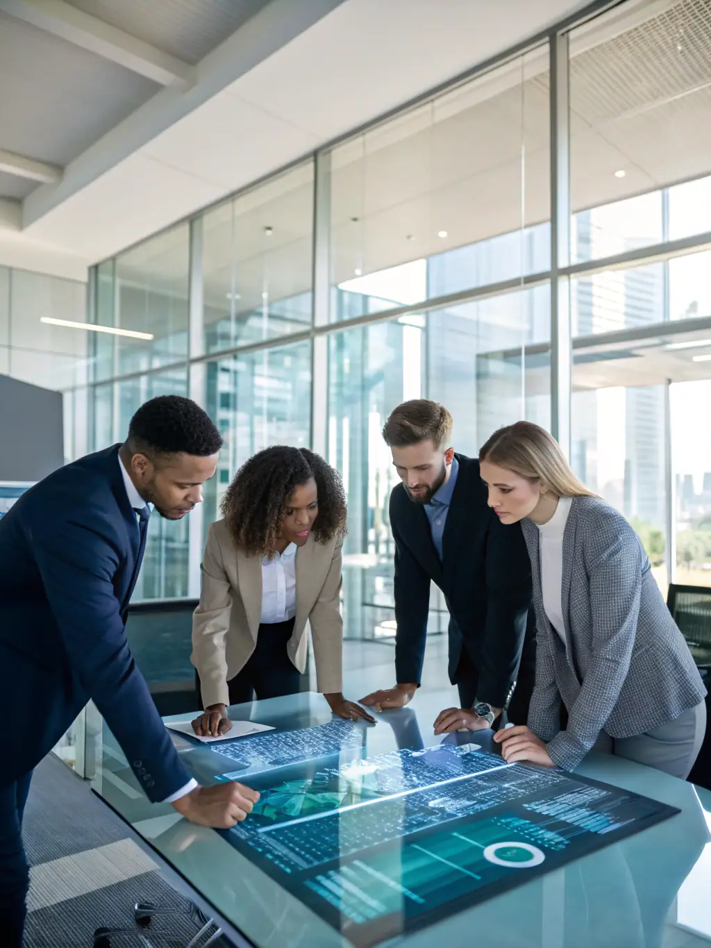 A group of professionals collaborating on a complex AI project, highlighting the enhanced professional skills gained through the 3A certification.