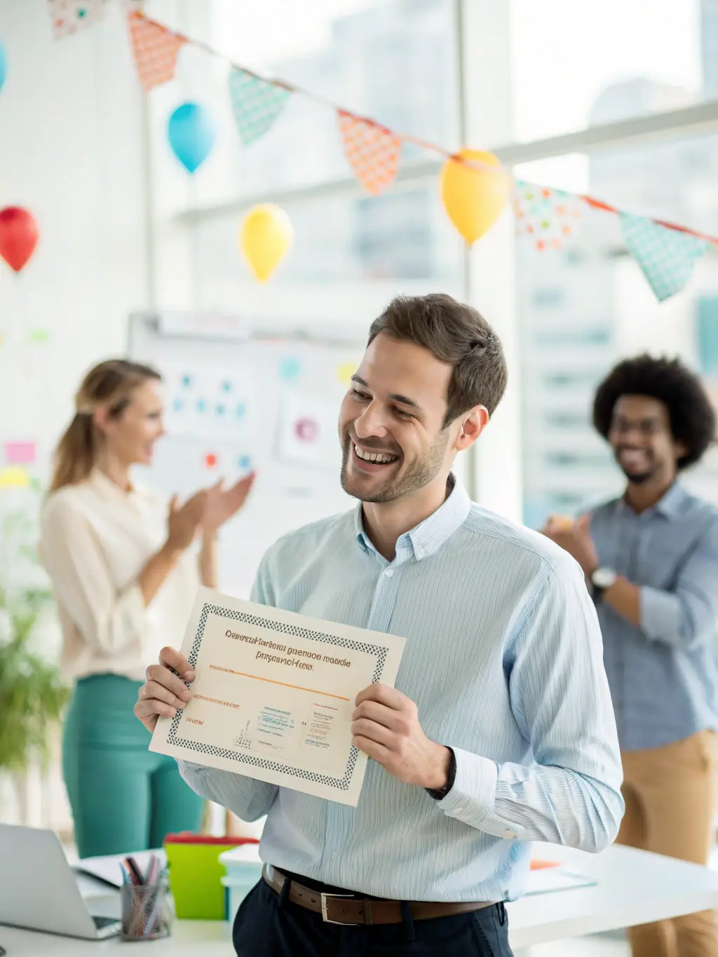 A person receiving a promotion at work, symbolizing increased responsibility and recognition after completing the 3A certification.